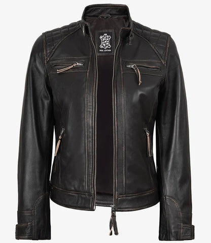 Women's Quilted Distressed Brown Real Lambskin Leather Biker Style Jacket