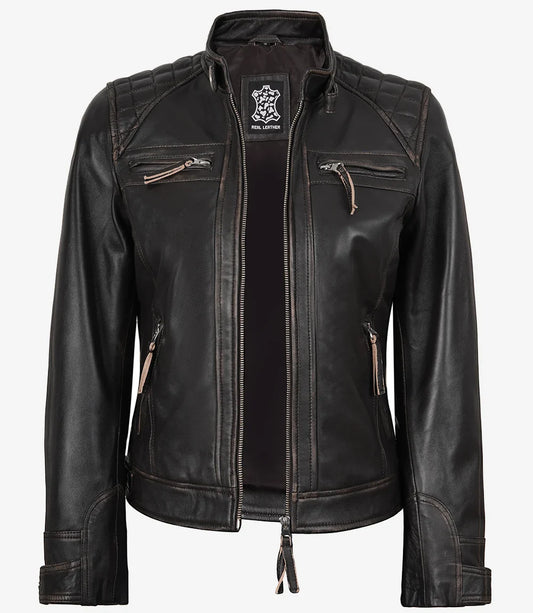 Women's Quilted Distressed Brown Real Lambskin Leather Biker Style Jacket