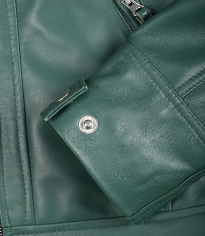 Womens Real Leather Green Biker Style Jacket - Quilted Shoulder