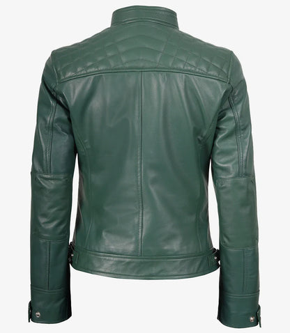 Womens Real Leather Green Biker Style Jacket - Quilted Shoulder