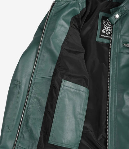 Womens Real Leather Green Biker Style Jacket - Quilted Shoulder