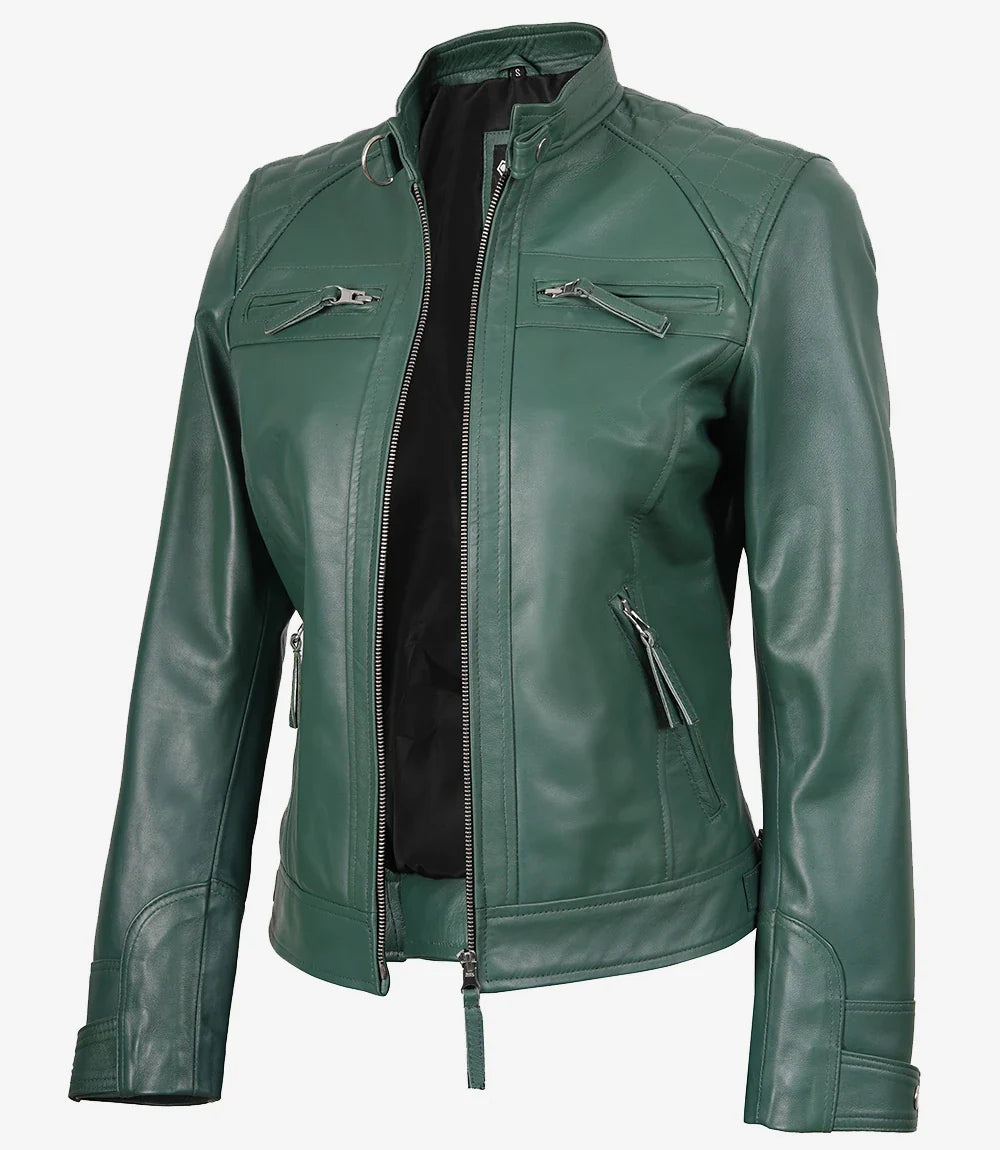 Womens Real Leather Green Biker Style Jacket - Quilted Shoulder