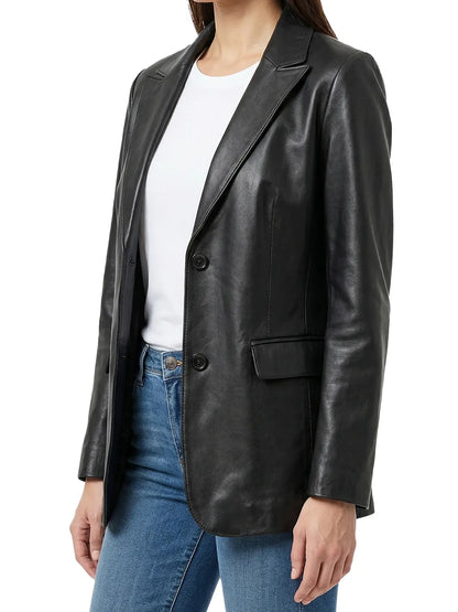 Hazel Women's Two Button Black Real Leather Blazer