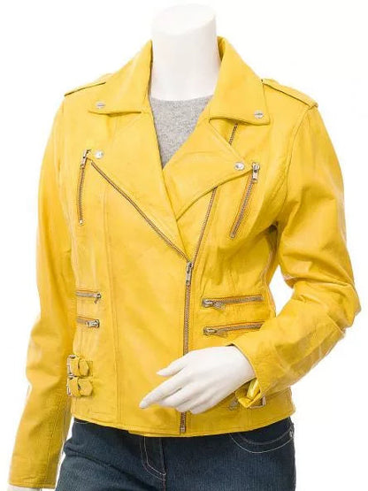 Womens Yellow Leather Biker Jacket Max Jackets