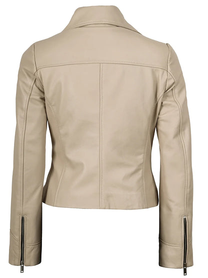 Women's Beige Asymmetrical Biker Style Real Leather Jacket