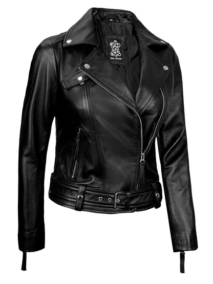 Angela Womens Black Asymmetrical Belted Leather Jacket