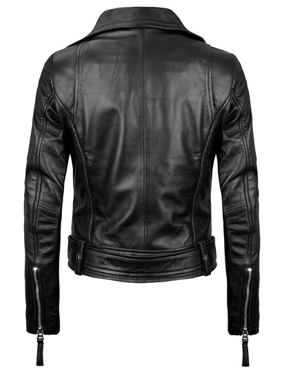Angela Womens Black Asymmetrical Belted Leather Jacket