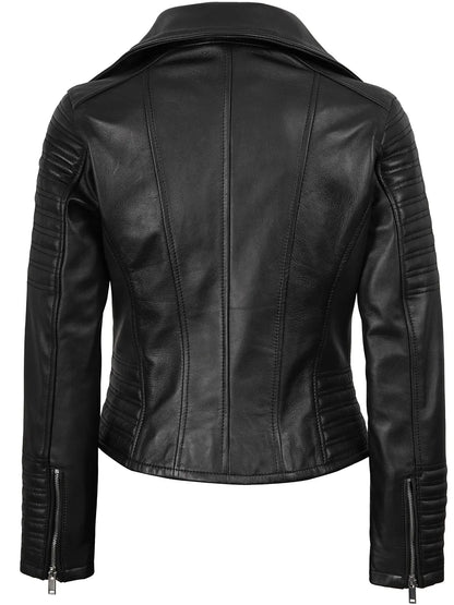 Women's Black Asymmetrical Biker Style Leather Jacket | Padded Detailing