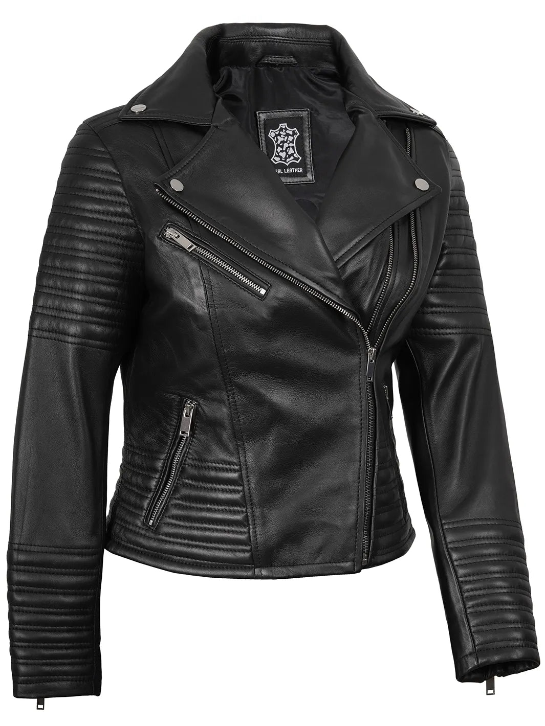 Women's Black Asymmetrical Biker Style Leather Jacket | Padded Detailing