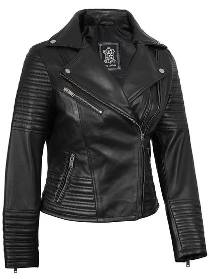 Women's Black Asymmetrical Biker Style Leather Jacket | Padded Detailing