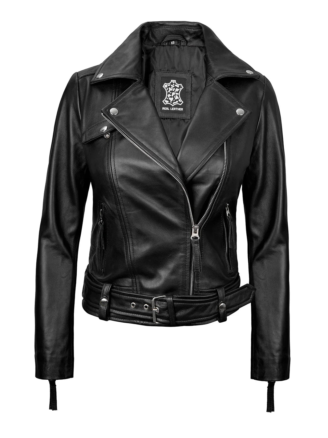Angela Womens Black Asymmetrical Belted Leather Jacket