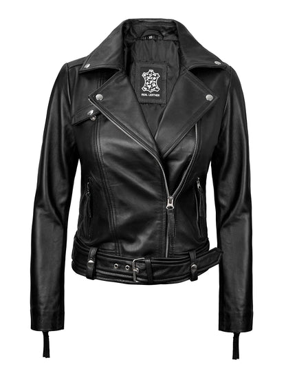 Angela Womens Black Asymmetrical Belted Leather Jacket