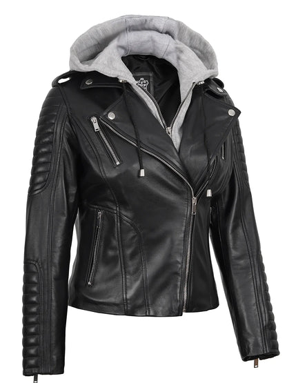 Womens Black Leather Biker Style Jacket With Removable Hood