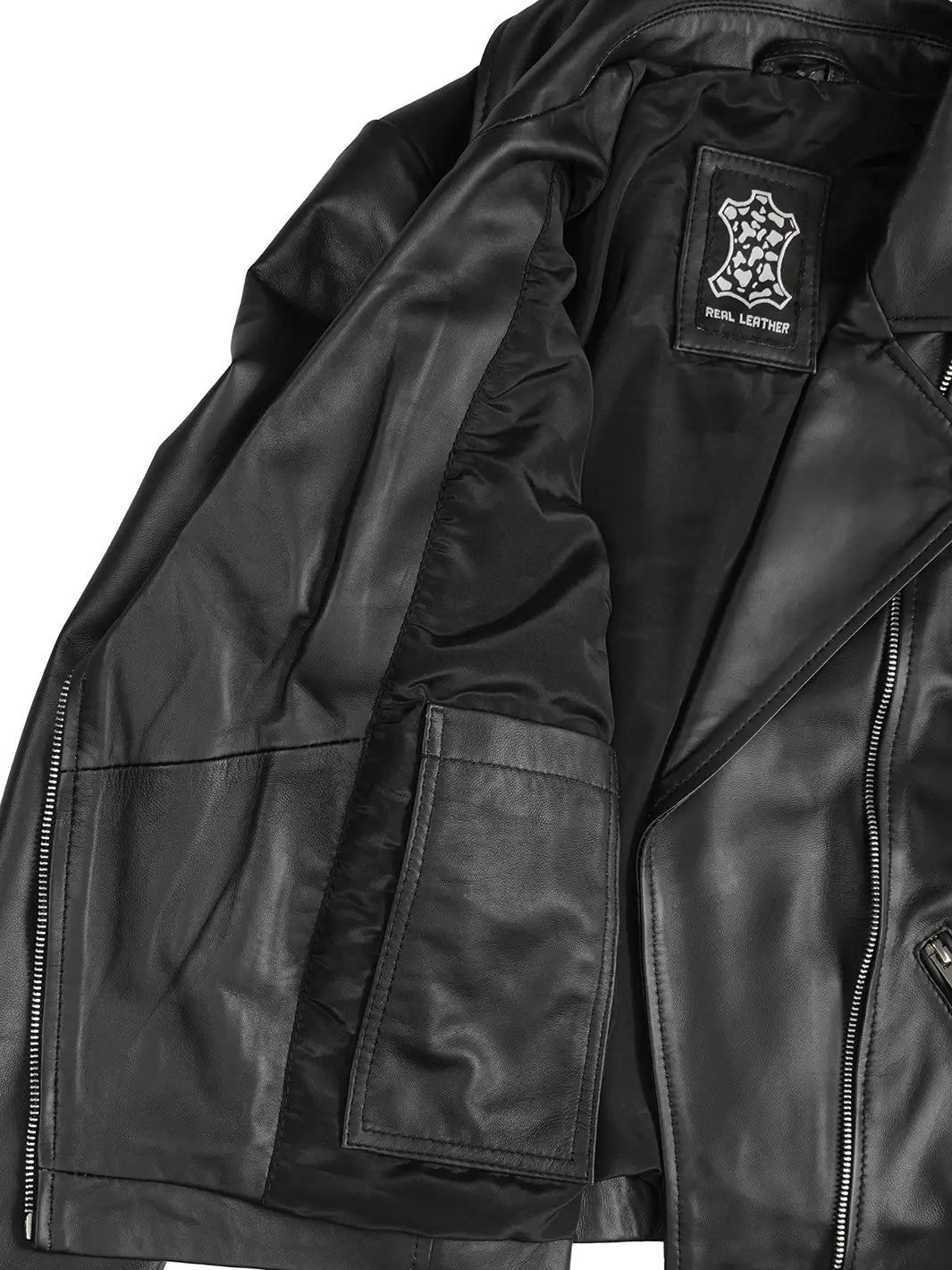 Ninfa Women's Black Asymmetrical Leather Jacket | Zippered-Cuff