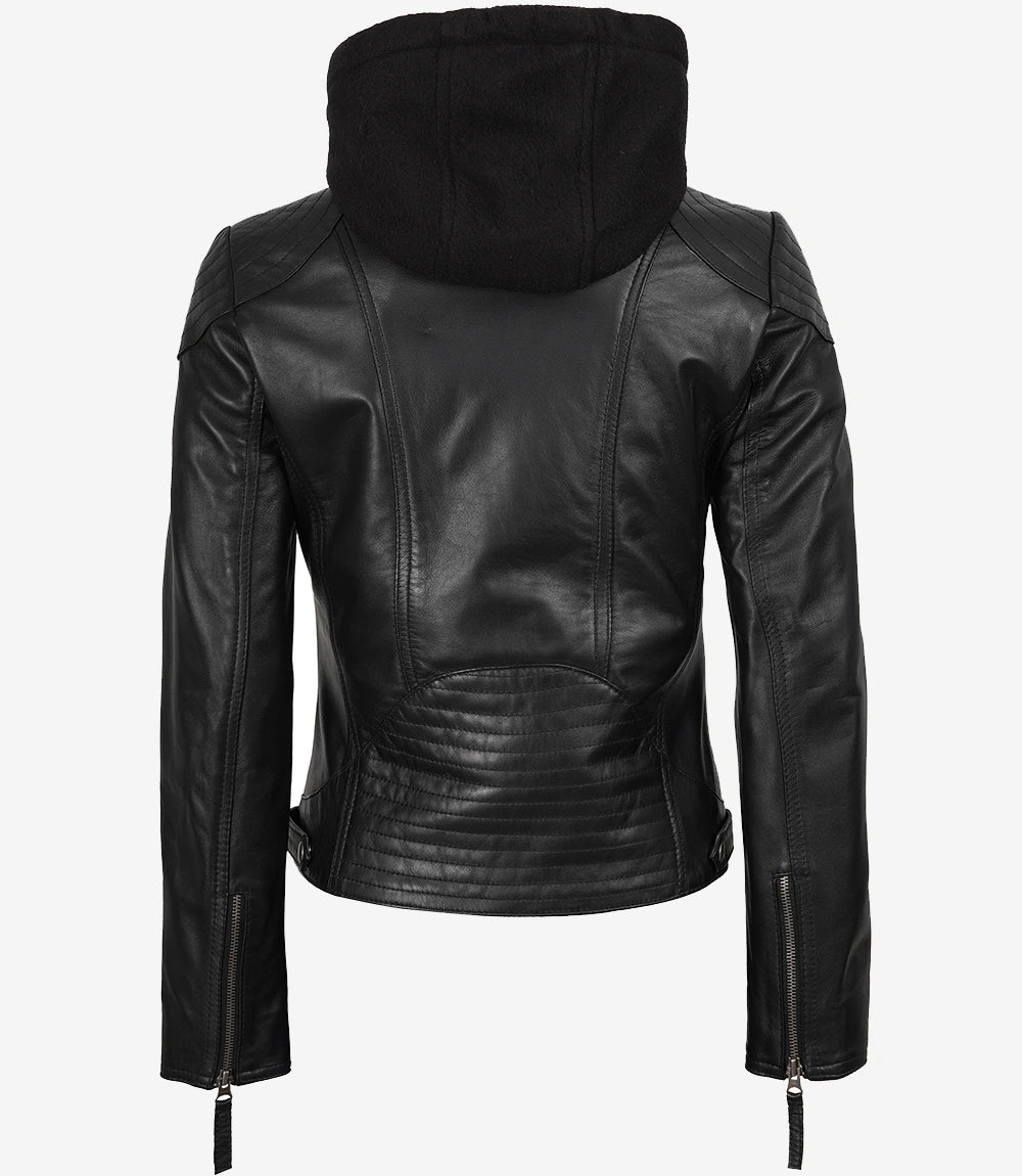Women's Black Leather Jacket With Removable Hood