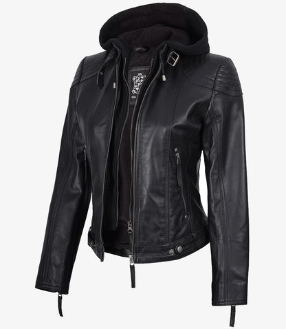 Women's Black Leather Jacket With Removable Hood
