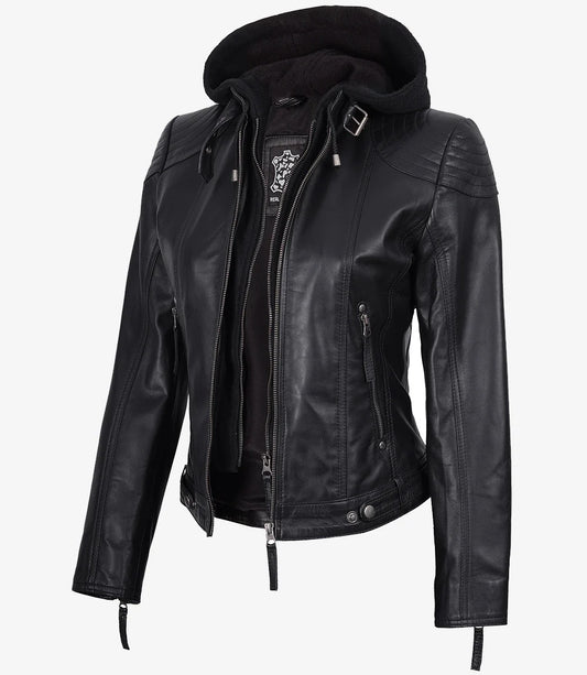 Women's Black Leather Jacket With Removable Hood