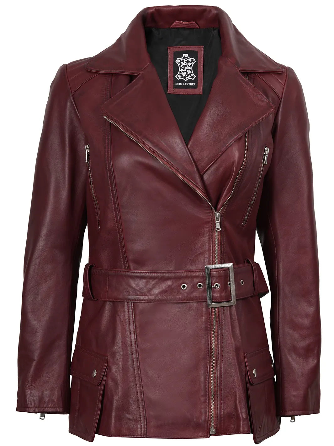Women's Burgundy Asymmetrical Biker Style Real Leather Jacket