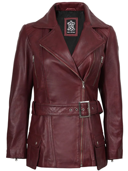 Women's Burgundy Asymmetrical Biker Style Real Leather Jacket