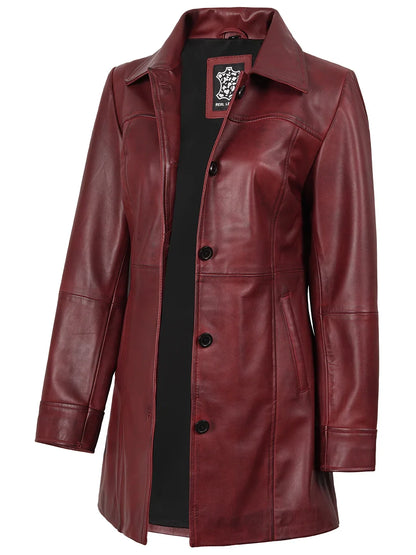 Kandis - Women's Burgundy Leather 3/4 Length Car Coat