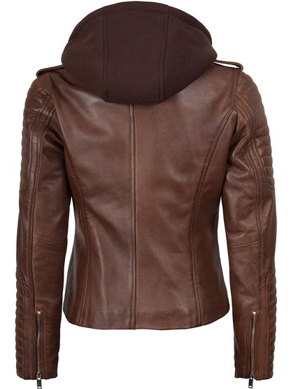 Bagheria Womens Cognac Biker Style Leather Jacket With Removable Hood