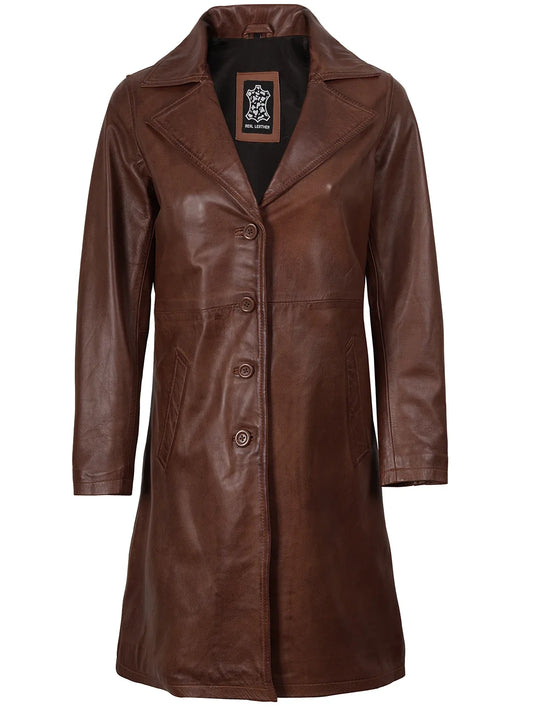 Women's Cognac Brown 3/4 Length Real Leather Coat