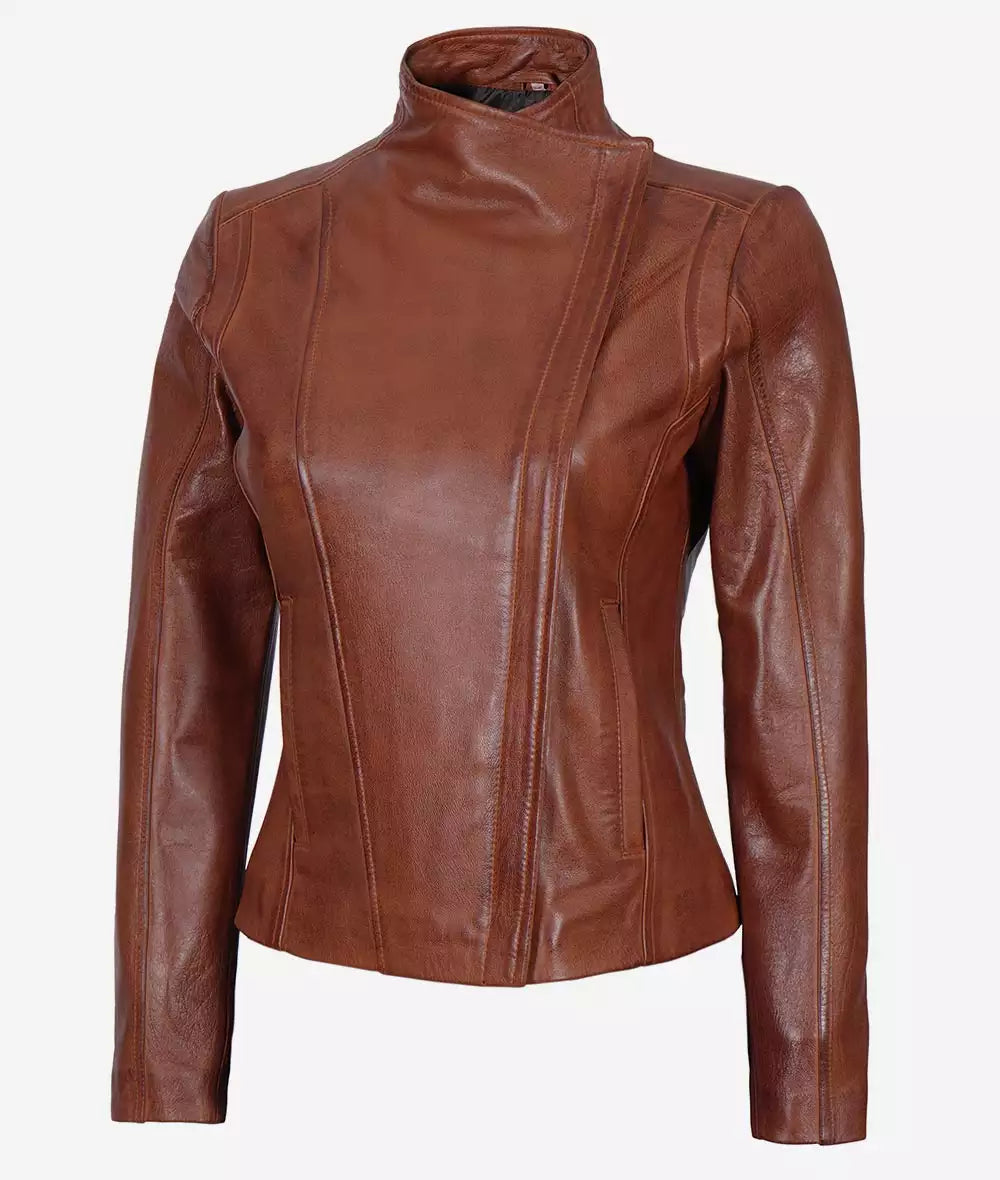 Women's Asymmetrical Cognac Leather Moto Jacket Max Jackets