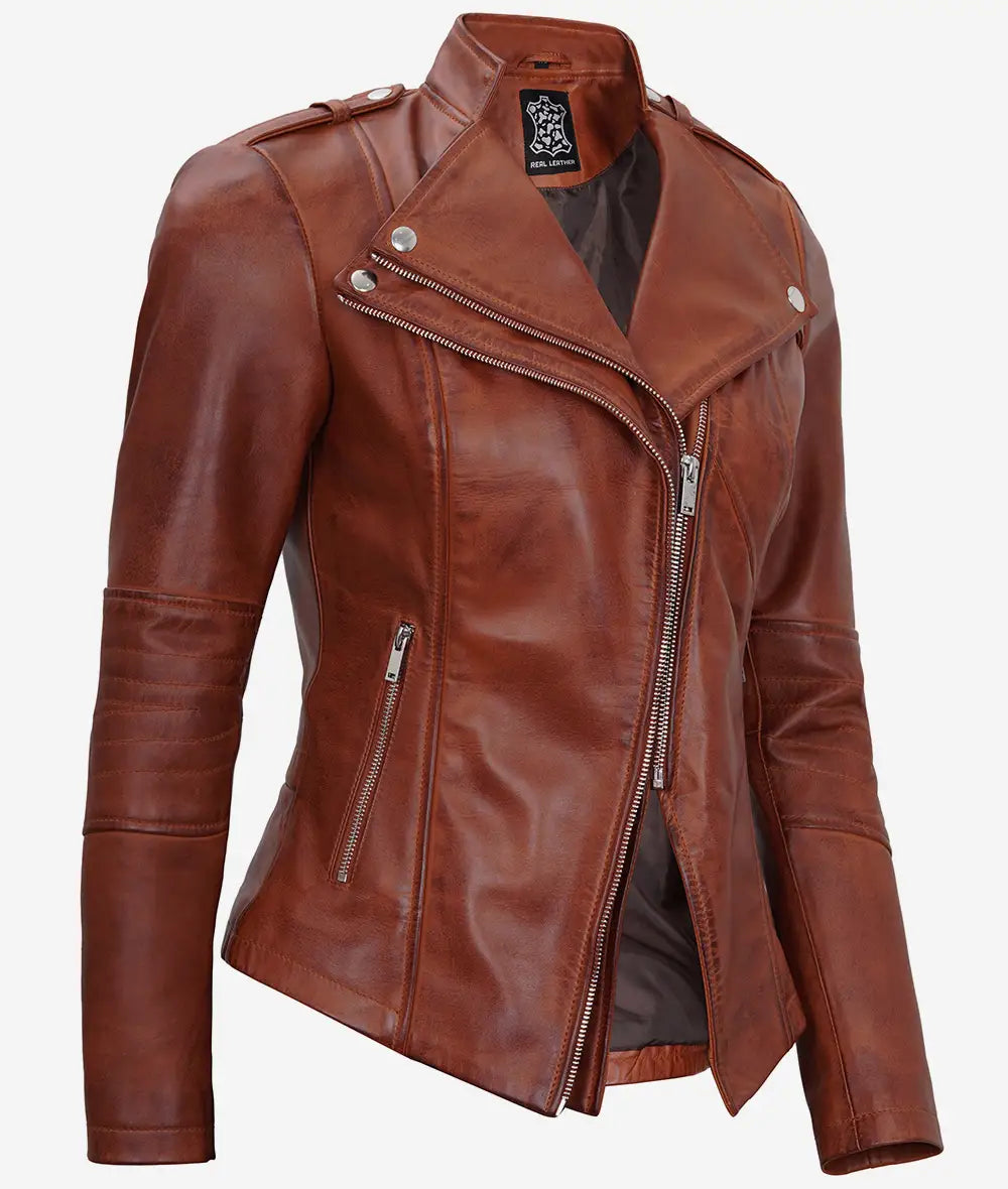 Women's Cognac Motorcycle Leather Jacket Max Jackets