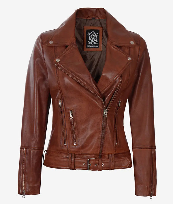 Women's Asymmetrical Cognac Leather Jacket Max Jackets