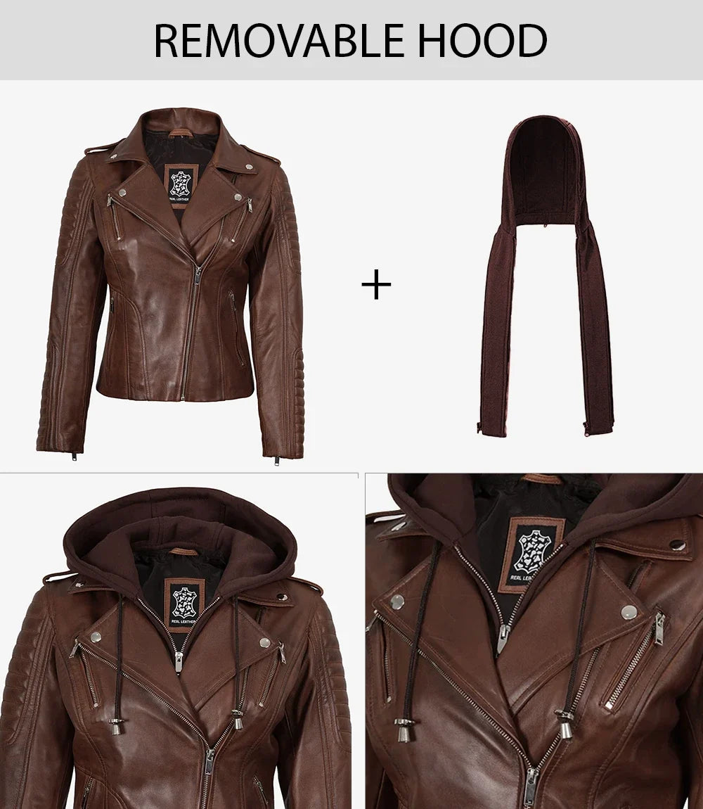 Bagheria Womens Cognac Biker Style Leather Jacket With Removable Hood