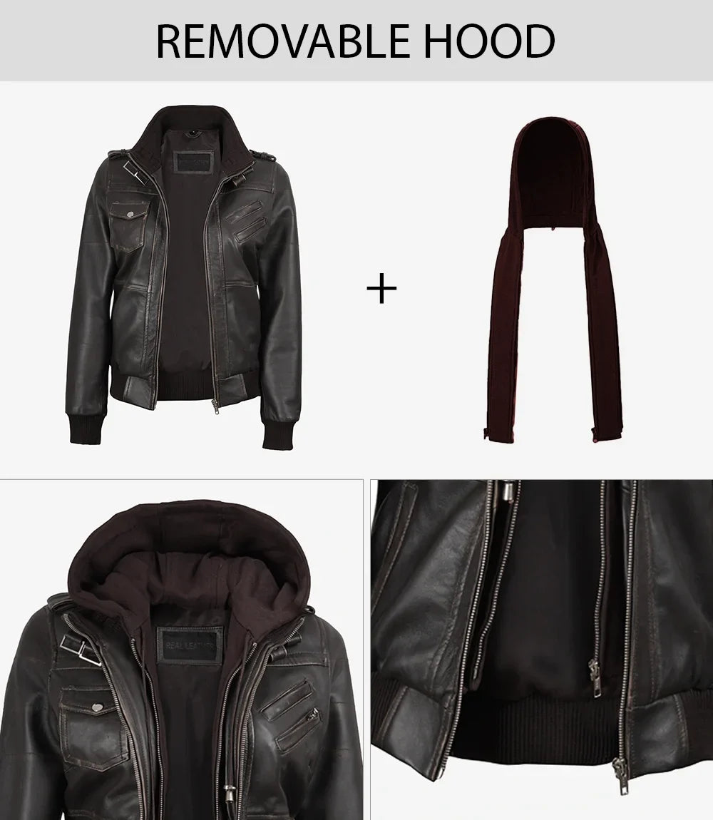 Women's Rub-Off Brown Bomber Leather Jacket | Removable Hood