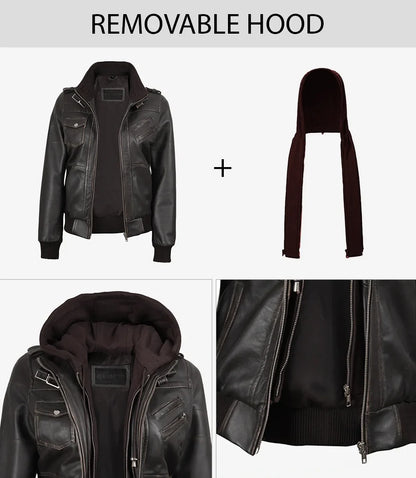 Women's Rub-Off Brown Bomber Leather Jacket | Removable Hood