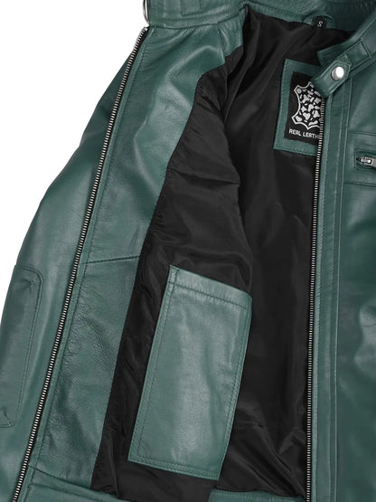 Women Green Diamond Cafe Racer Real Leather Jacket
