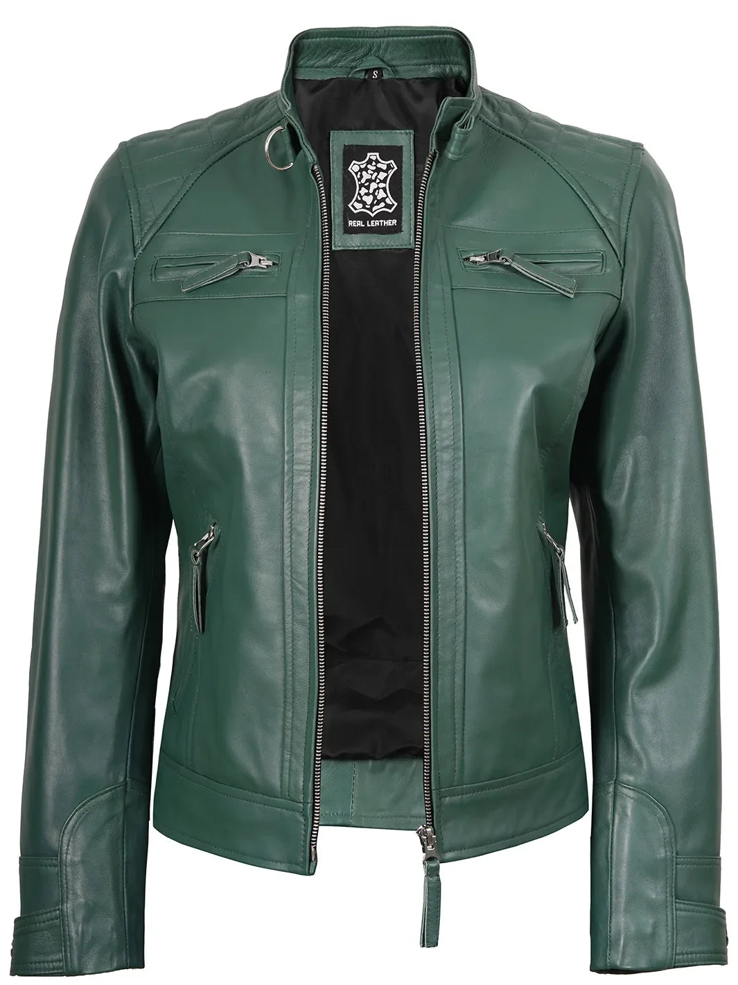 Women Green Diamond Cafe Racer Real Leather Jacket