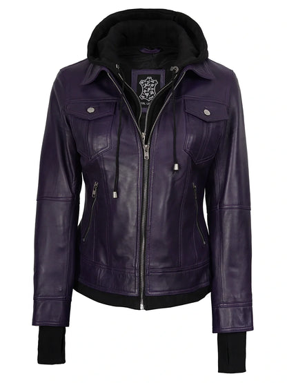 Women's Purple Hooded Leather Bomber Jacket