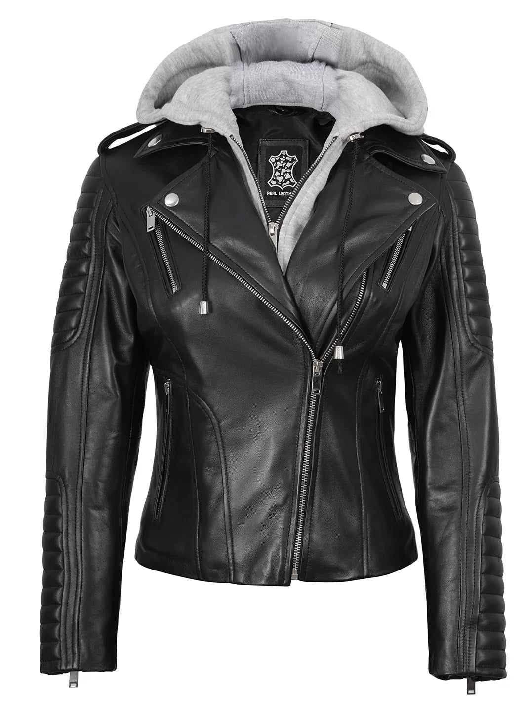 Womens Black Leather Biker Style Jacket With Removable Hood