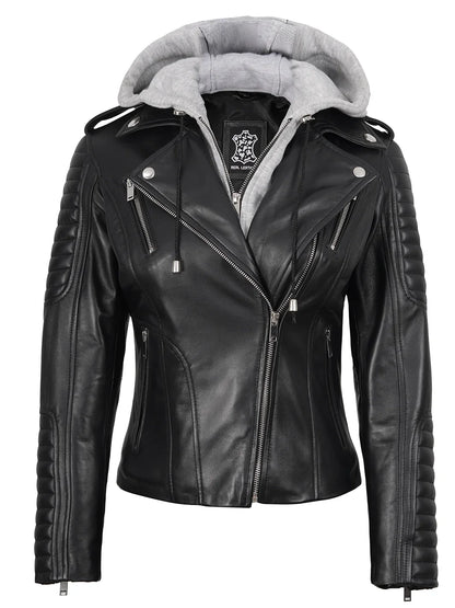 Womens Black Leather Biker Style Jacket With Removable Hood
