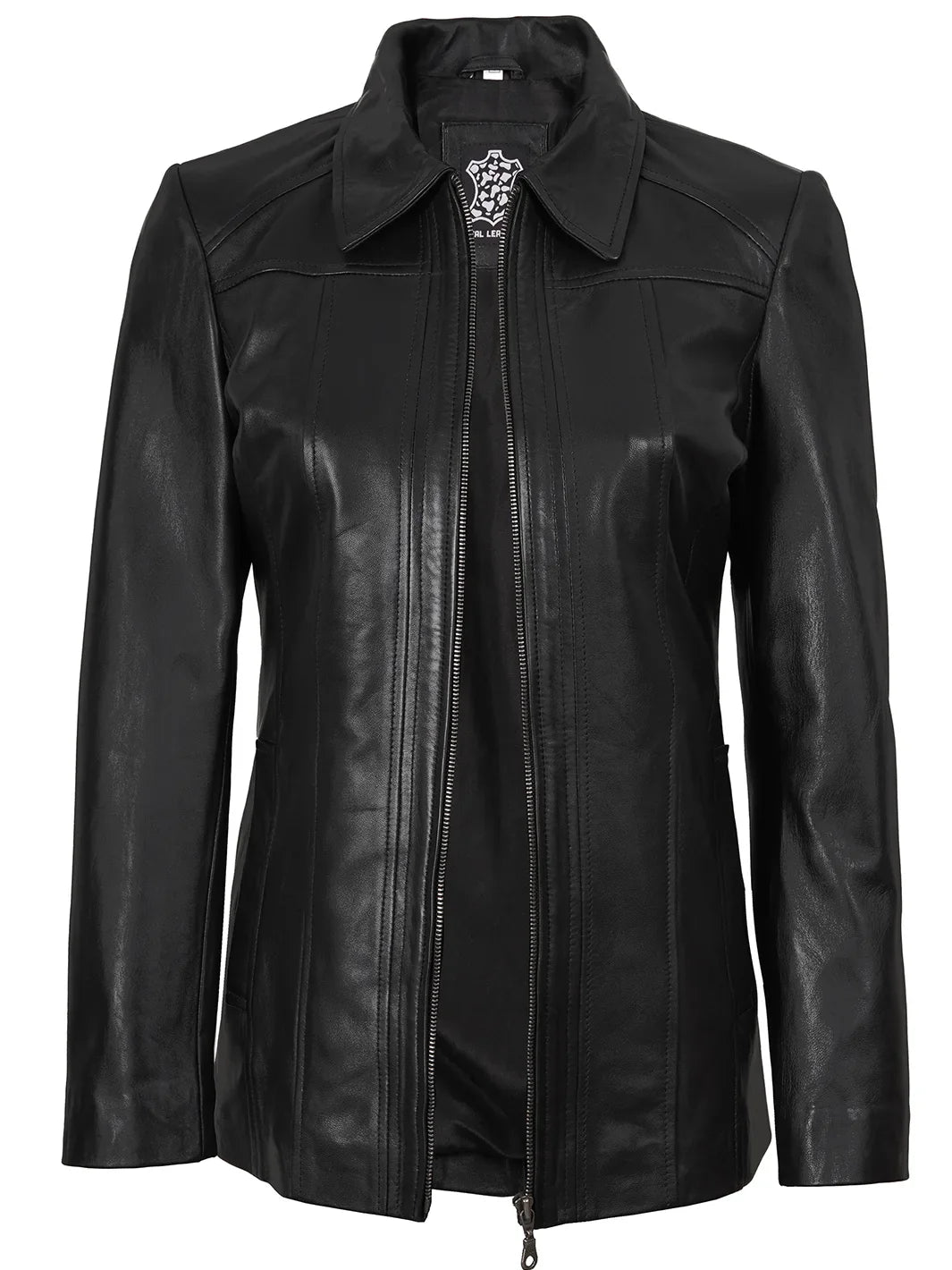 Marsha Women's Shirt-Collar Black Leather Car Coat