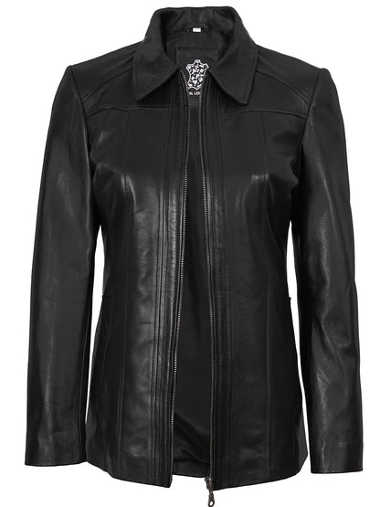 Marsha Women's Shirt-Collar Black Leather Car Coat
