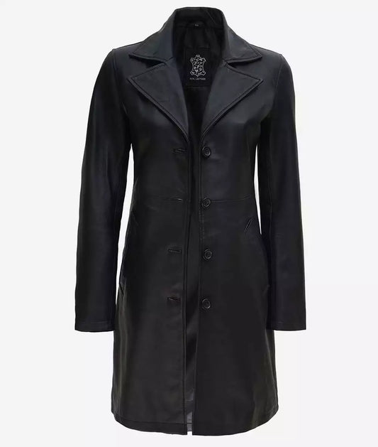 Women's Tall Black Wide Collar 3/4 Length Leather Coat
