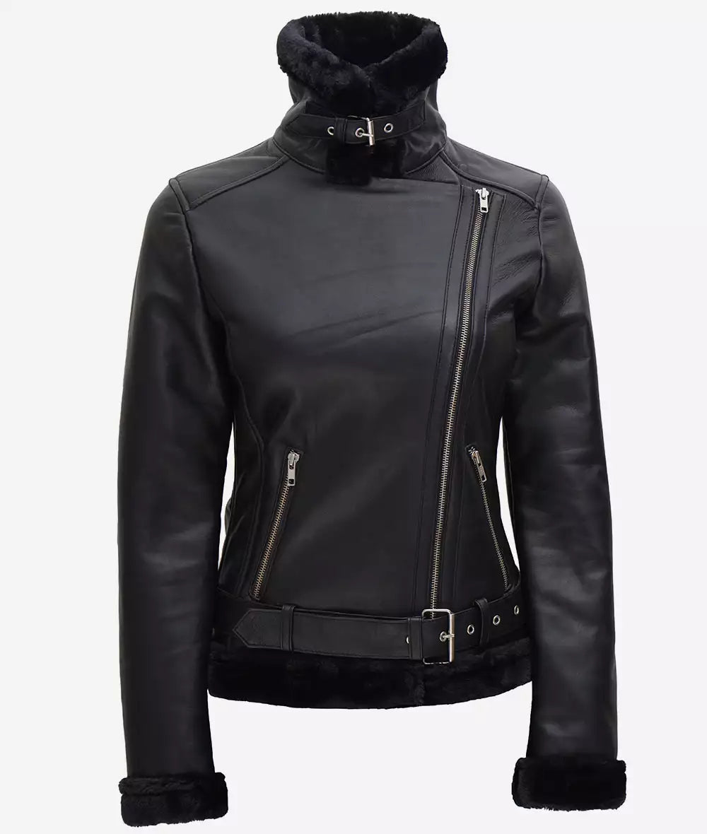 Agnes Asymmetrical Black Shearling Leather Jacket Womens Max Jackets