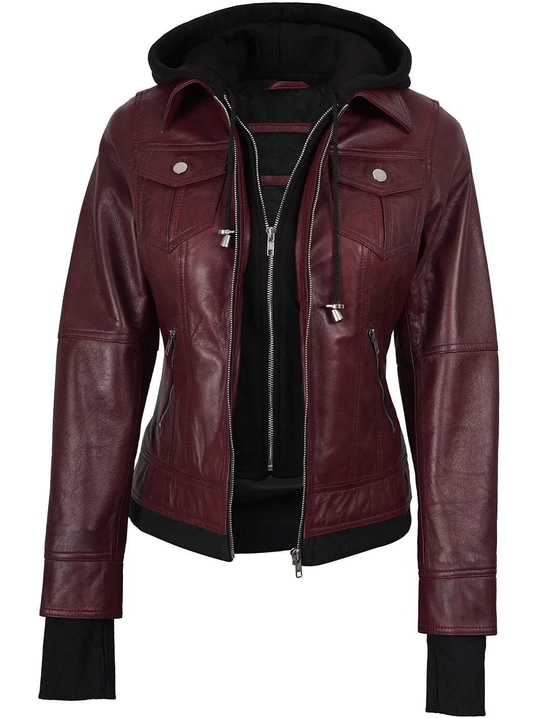 Women's Burgundy Hooded Leather Bomber Jacket
