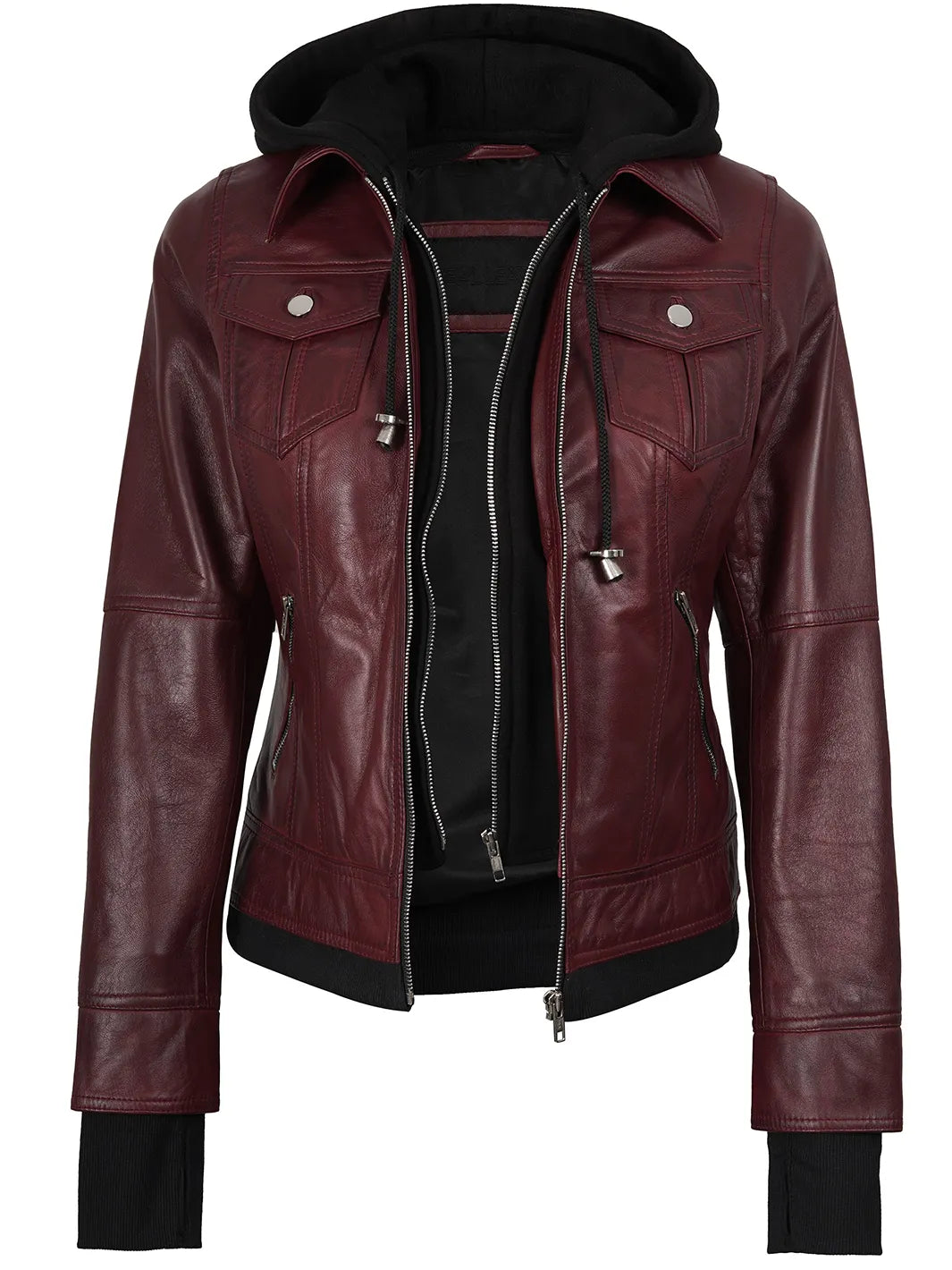 Women's Burgundy Hooded Leather Bomber Jacket