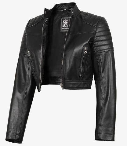 Black Cropped Leather Biker Style Jacket for Women