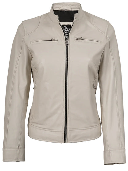 Dodge Women's Off White Cafe Racer Leather Jacket