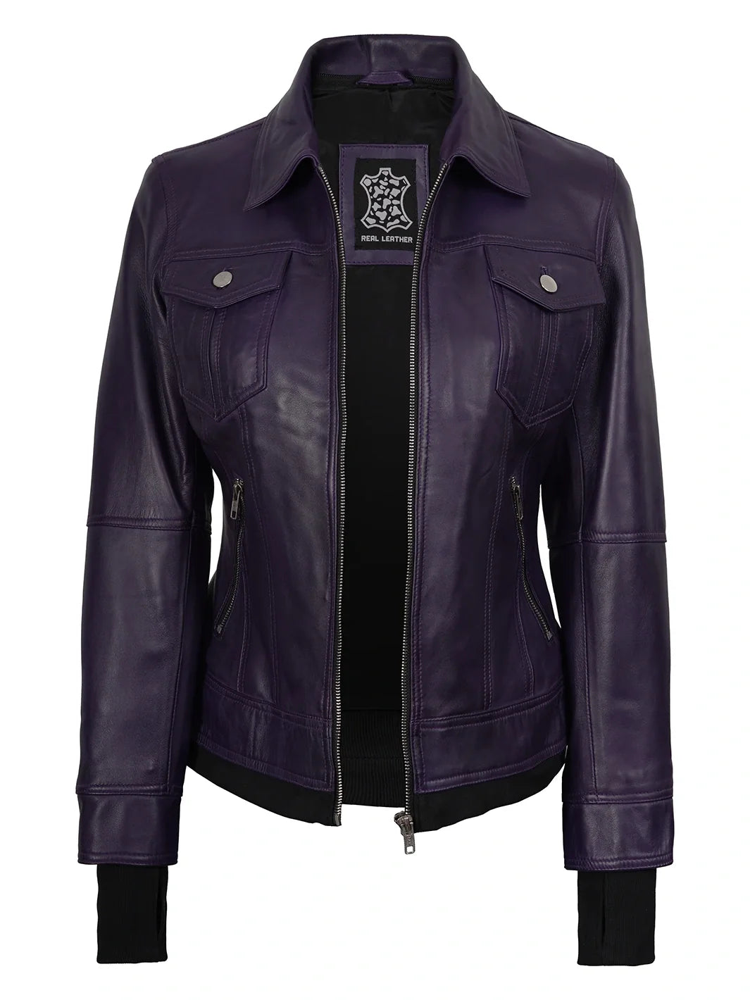 Women's Purple Hooded Leather Bomber Jacket
