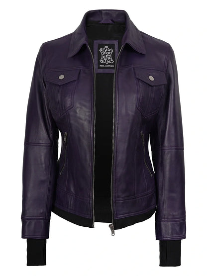 Women's Purple Hooded Leather Bomber Jacket