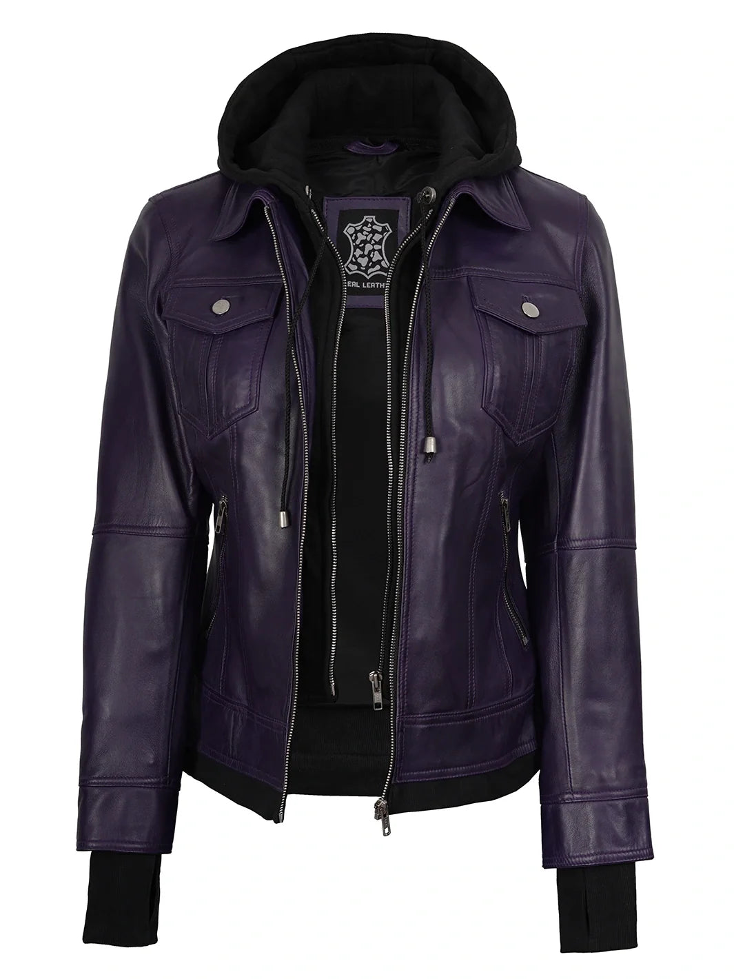 Women's Purple Hooded Leather Bomber Jacket
