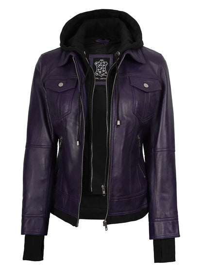 Women's Purple Hooded Leather Bomber Jacket