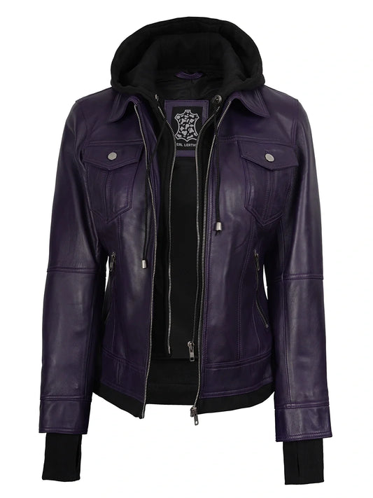 Women's Purple Hooded Leather Bomber Jacket